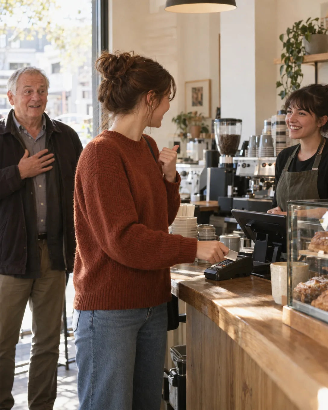 At a cafe counter, a young woman in a rust jumper pays and points back to the older man behind her in the queue. She's covering his coffee, and he puts a hand on his chest, surprised.