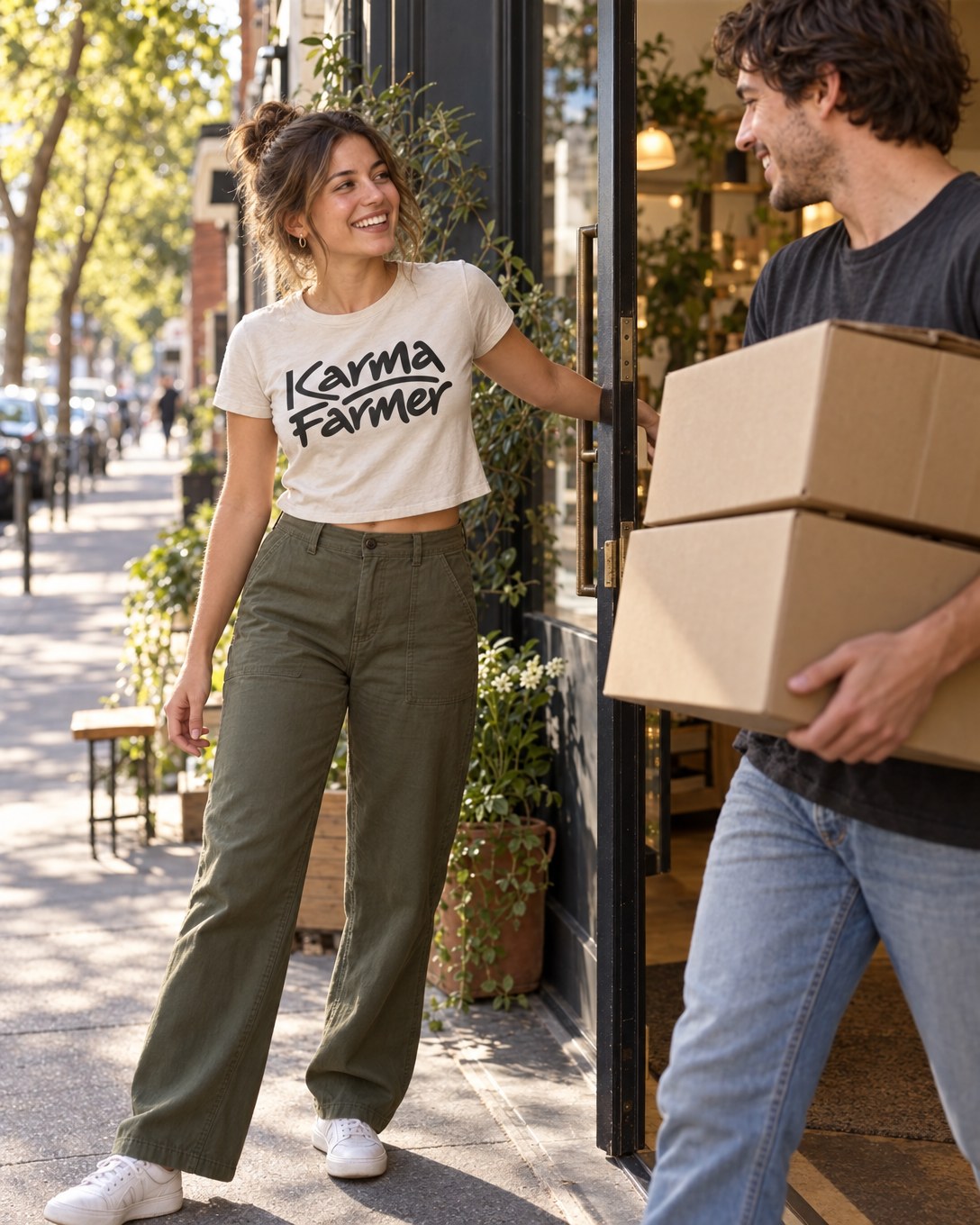 A young woman in the bone crop tee holds a shop door open for a man carrying a stack of boxes.