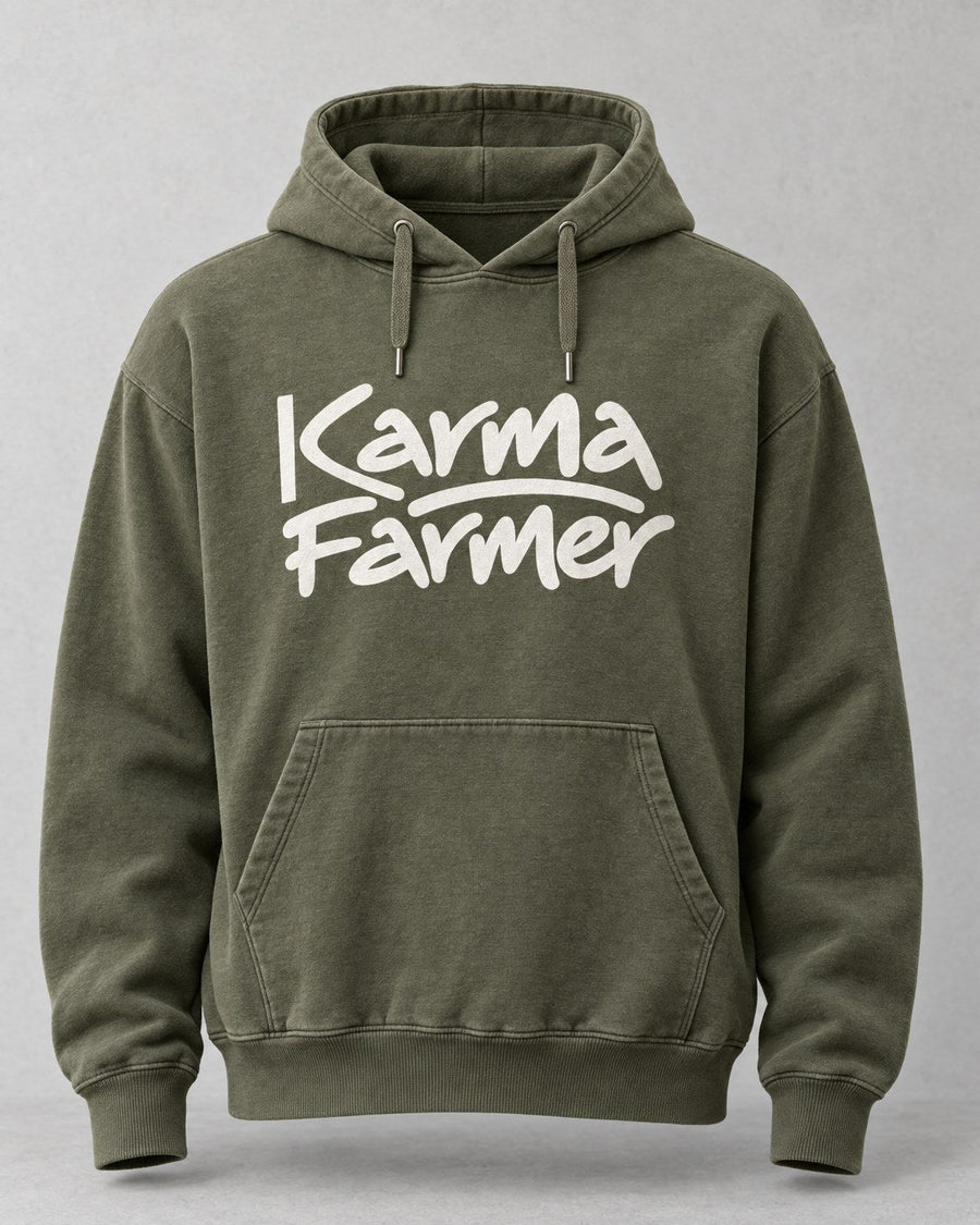 The olive Signature Hoodie from the front, with Karma Farmer in chalk-white marker lettering across the chest.