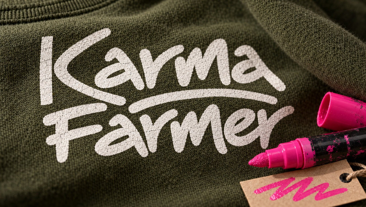 Close-up of the chalk-white signature print on olive fleece, beside a pink paint marker and a swing tag.