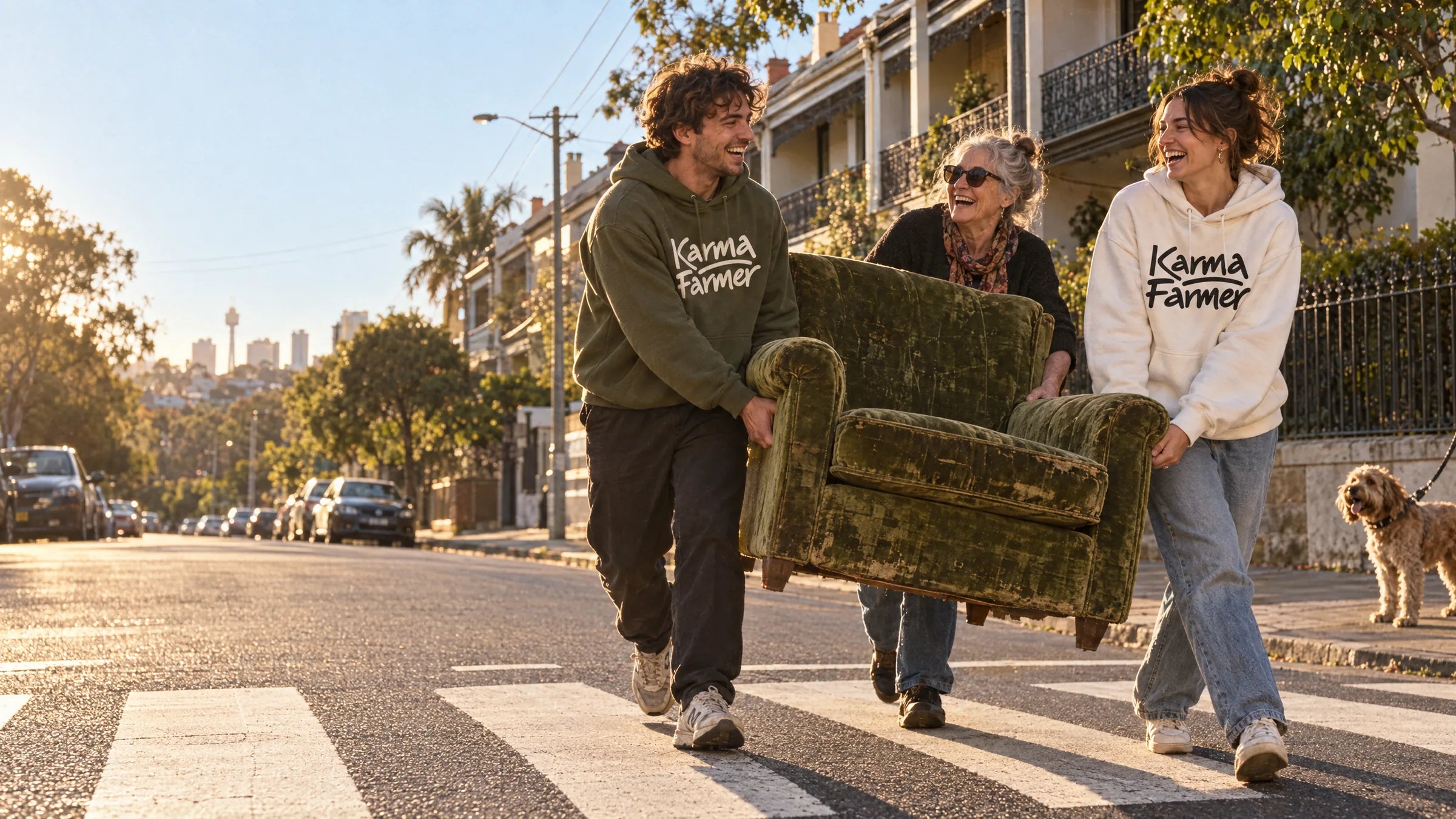 Two friends in Karma Farmer hoodies help an older neighbour carry an armchair across a street at golden hour.