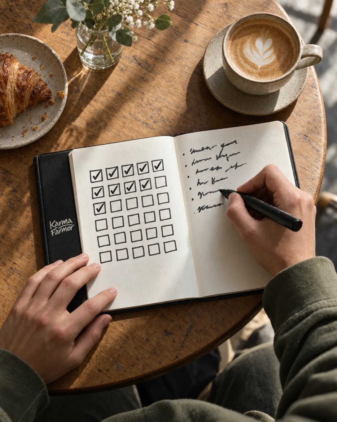 Hands writing in a notebook with a grid of thirty boxes, ten ticked, beside a flat white.