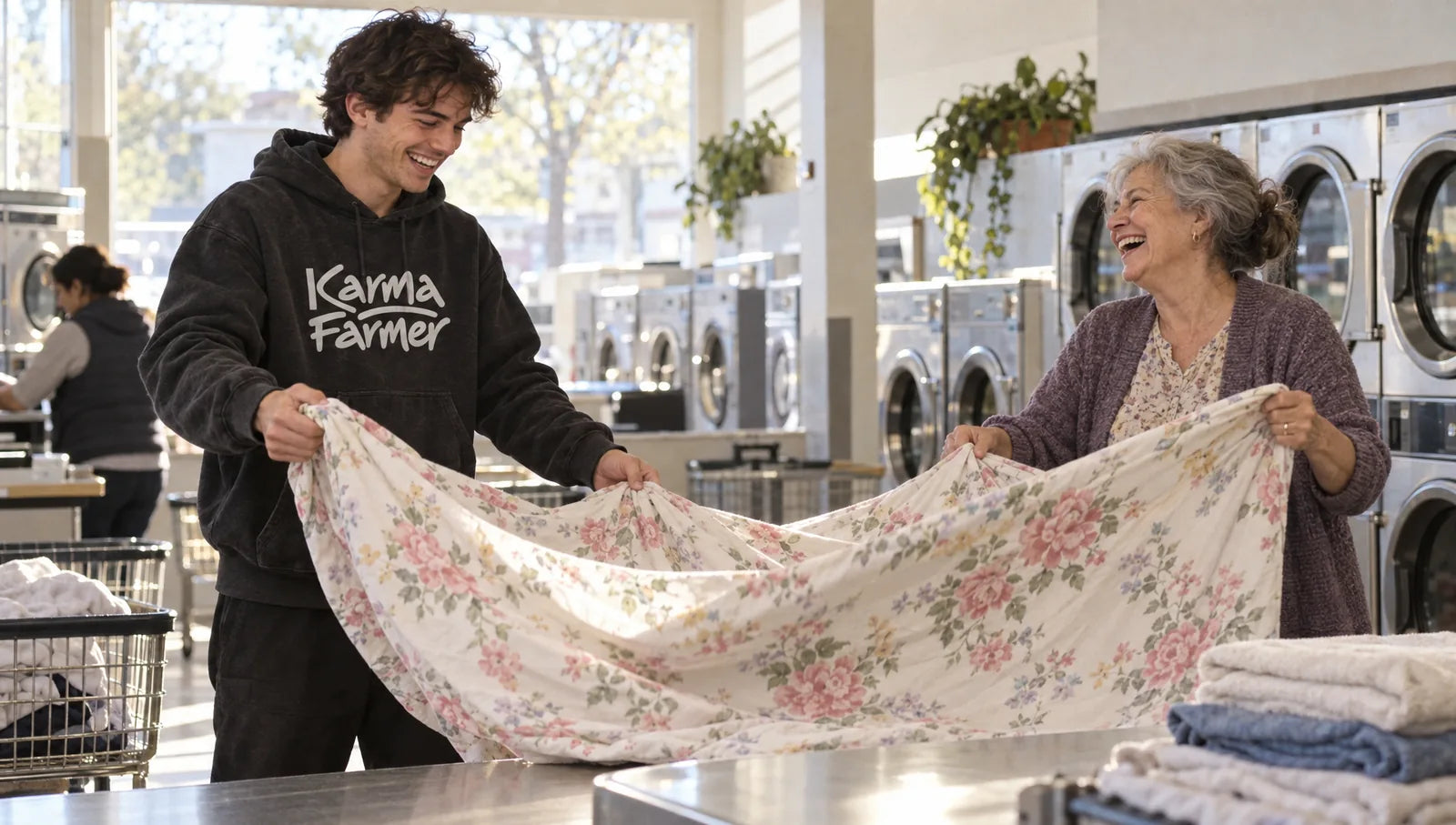 A man in a black Karma Farmer hoodie helps an older woman fold a sheet at a laundromat.