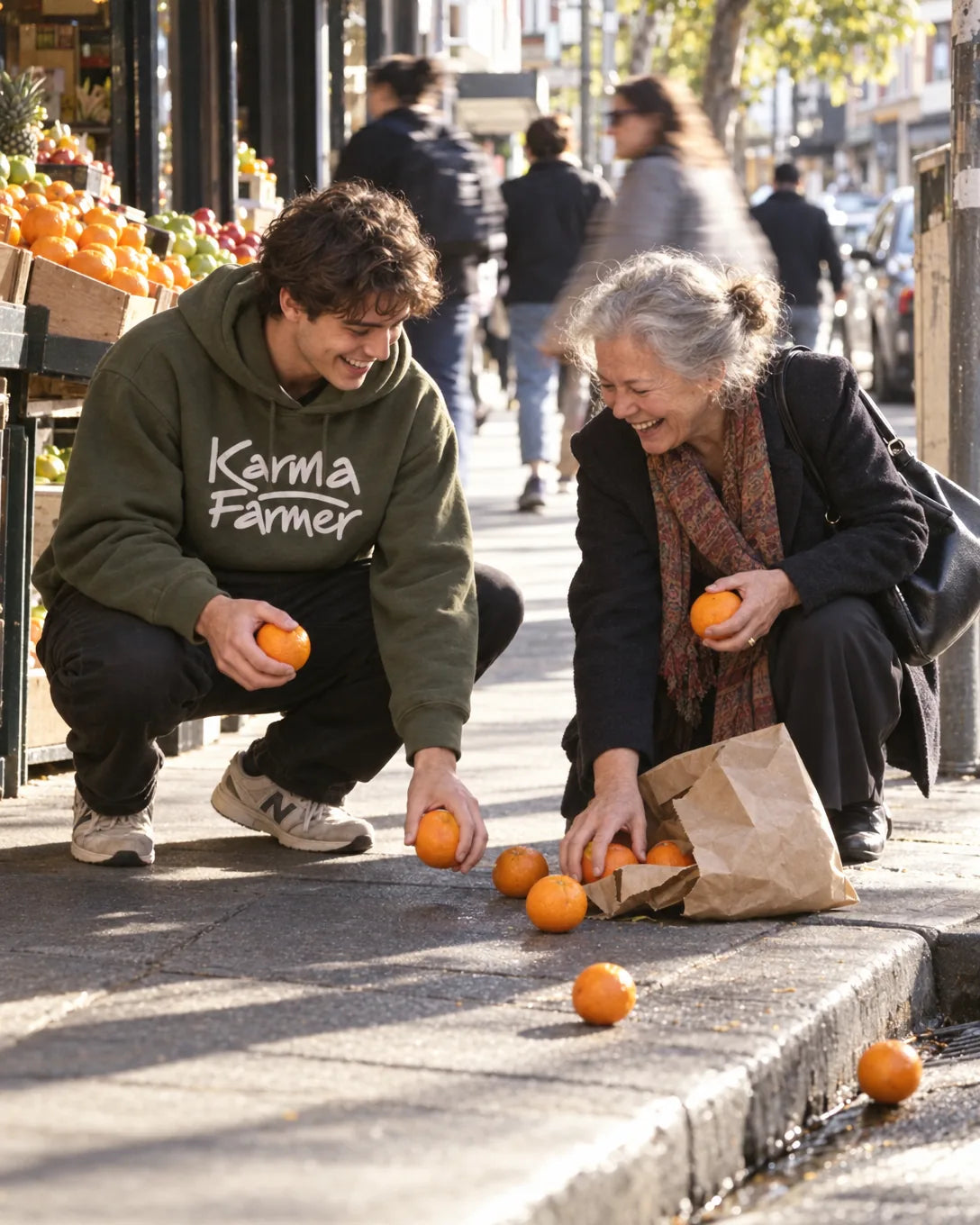 A young man in an olive Karma Farmer hoodie crouches on a Sydney footpath to help a laughing older woman gather oranges from her split paper bag.