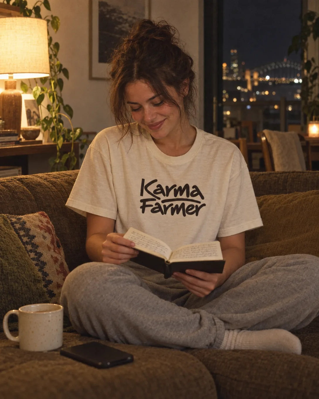 At night on her couch, a young woman in a bone Karma Farmer tee smiles as she reads back through a notebook of handwritten notes.