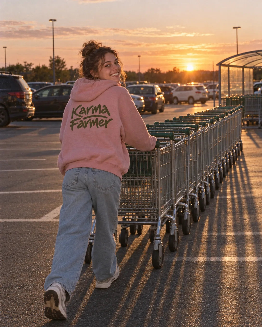 A woman in a pink Karma Farmer hoodie pushes a long line of shopping trolleys back to the bay at sunset.