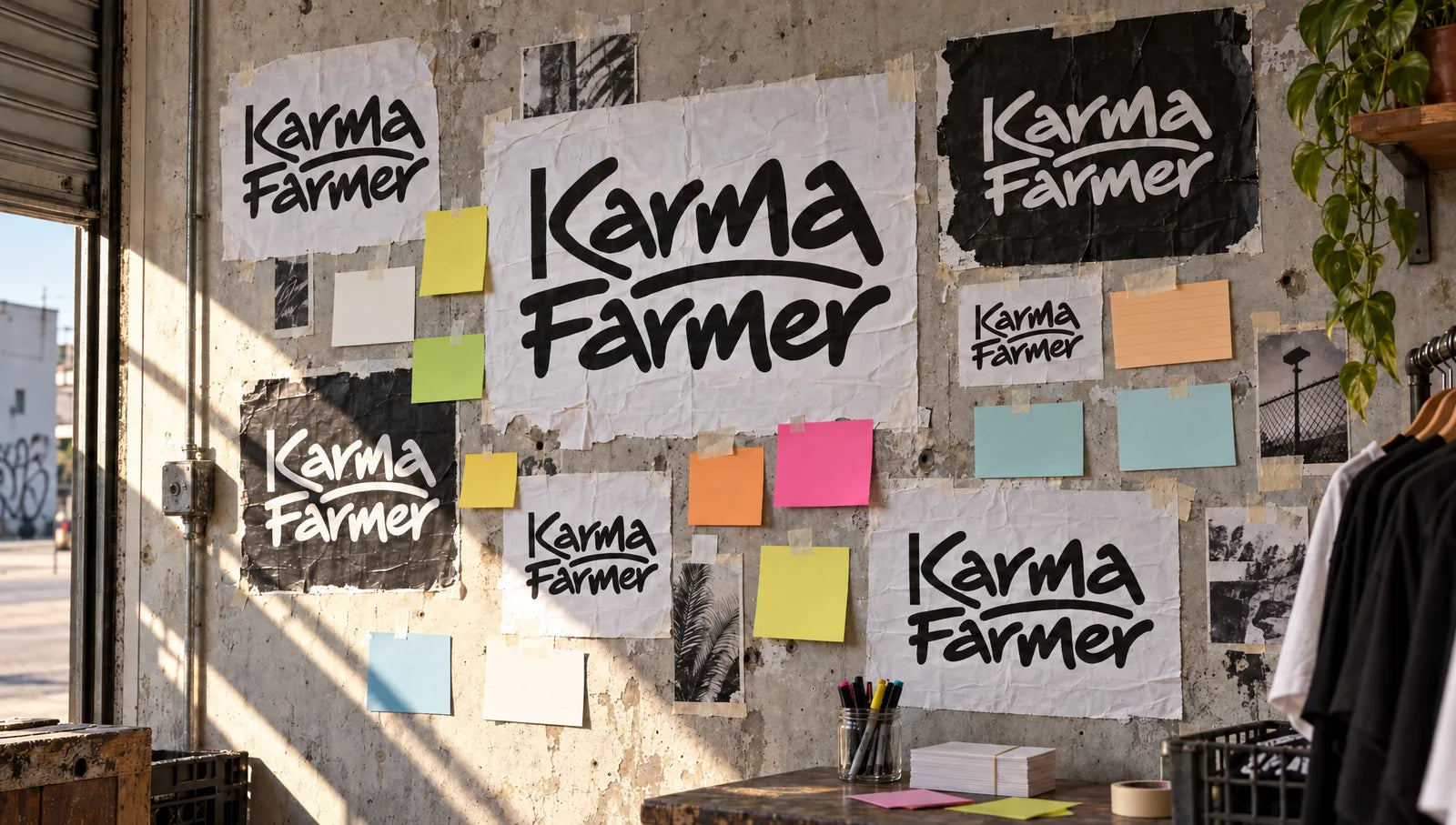 A wall of Karma Farmer signature posters with rows of blank cards waiting to be filled in.